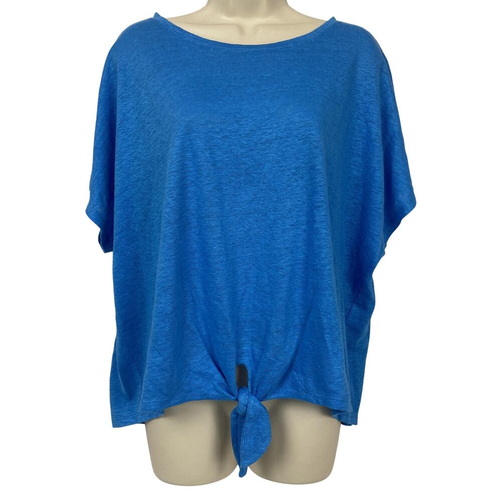 Chicos Linen Knit Top Size 1 Medium Blue Dolman Sleeve Front Tie Boxy Summer Tee